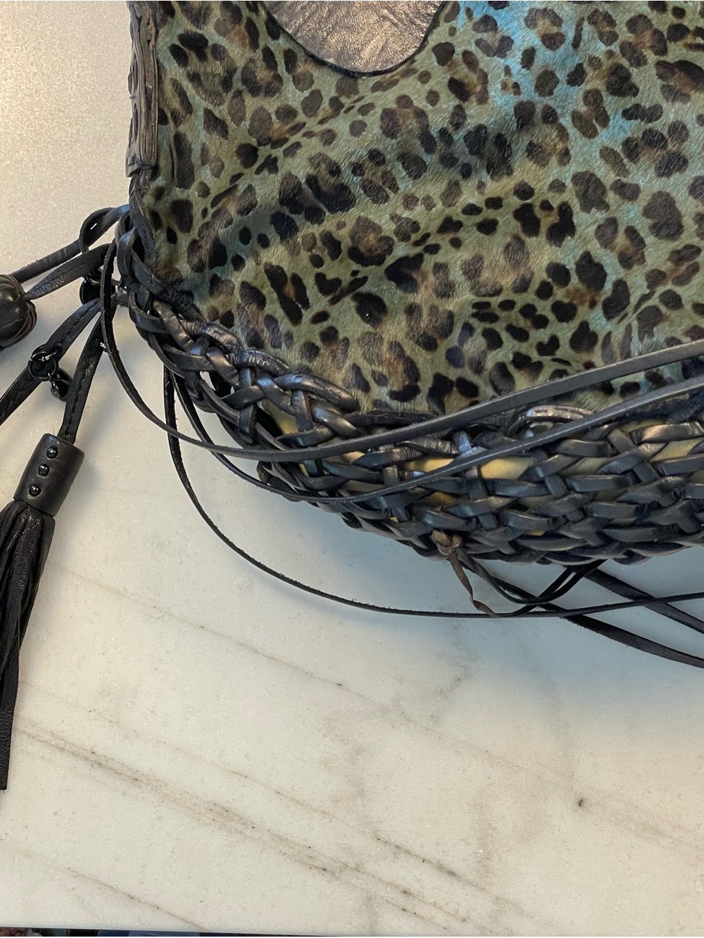 Handcrafted Teal Leopard Leather Shoulder Bag with Embossed Pocket - Picture 15 of 16